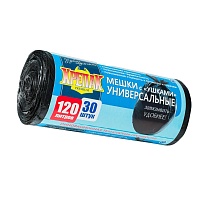 Мешки для мусора 120 л, с ушками, черные, в рулоне 30 шт., ПНД, 15 мкм, 1100х700 мм, Крепак, 4607075710375 в Севастополе