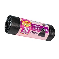 Мешки для мусора 30 л, с завязками, черные, в рулоне 20 шт., ПНД, 12 мкм, 580х500 мм, Крепак, 4607075710306 в Севастополе